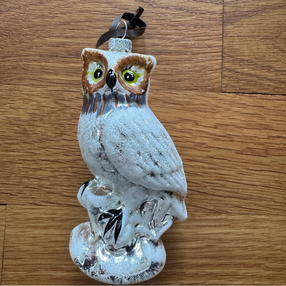 Vintage Glass Owl Christmas Ornament Mercury Glass Style Silver Tree Ornament
